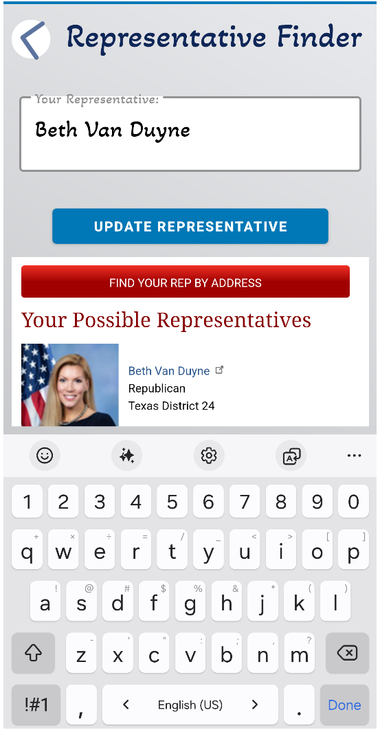 Typing in Representative's Name